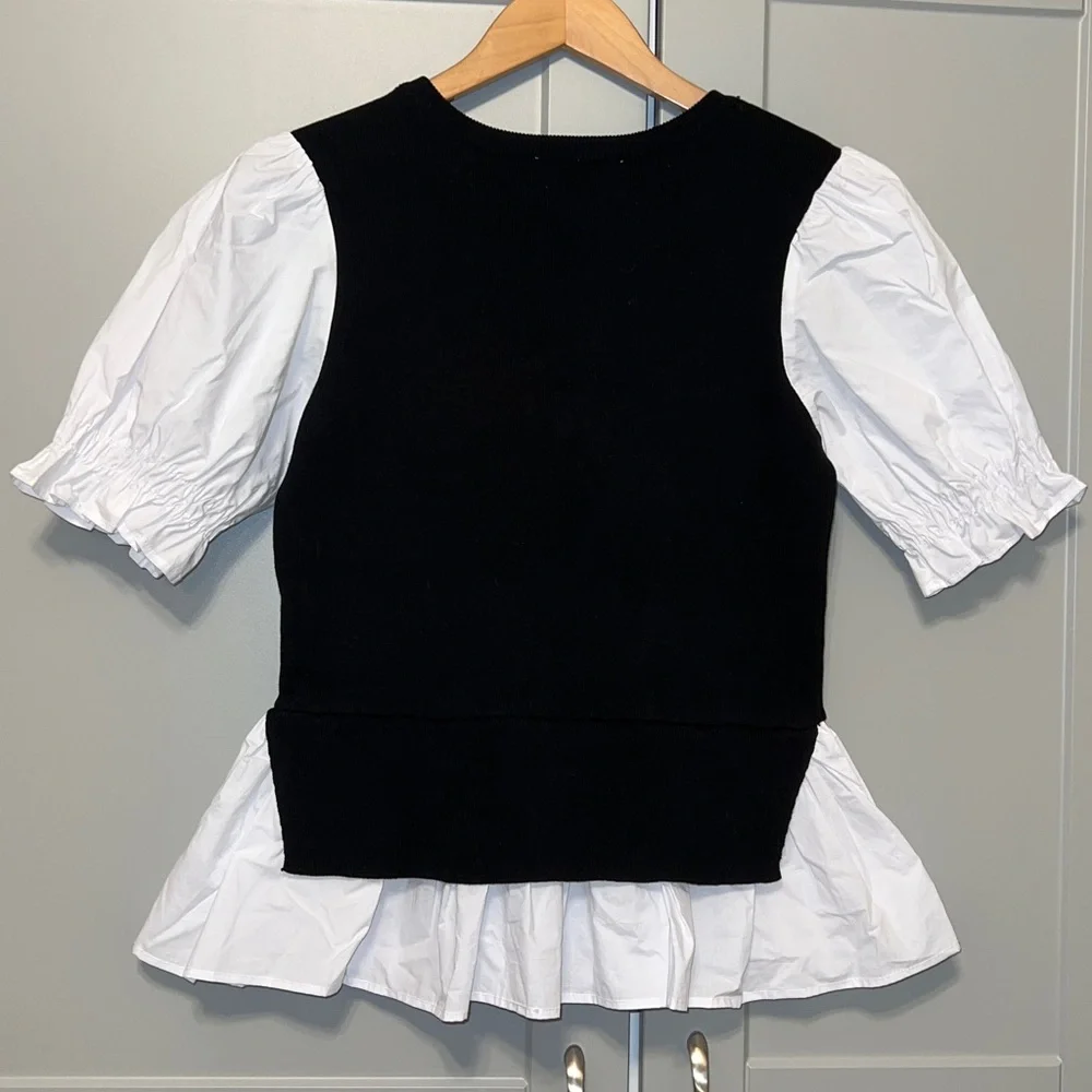 Anthropologie Black and White Ruffle Sleeve Blouse
